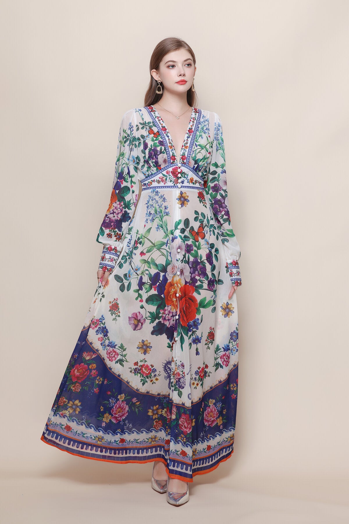 Botanical Border Print Maxi Dress with Deep V-Neck