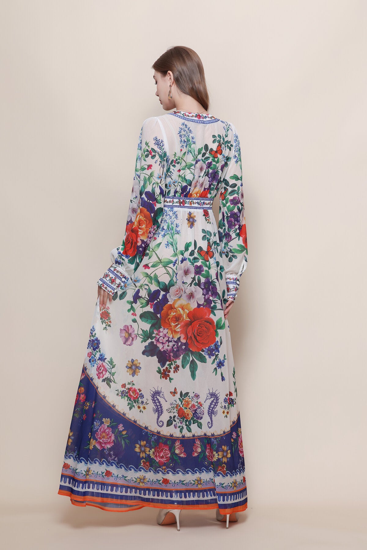 Botanical Border Print Maxi Dress with Deep V-Neck