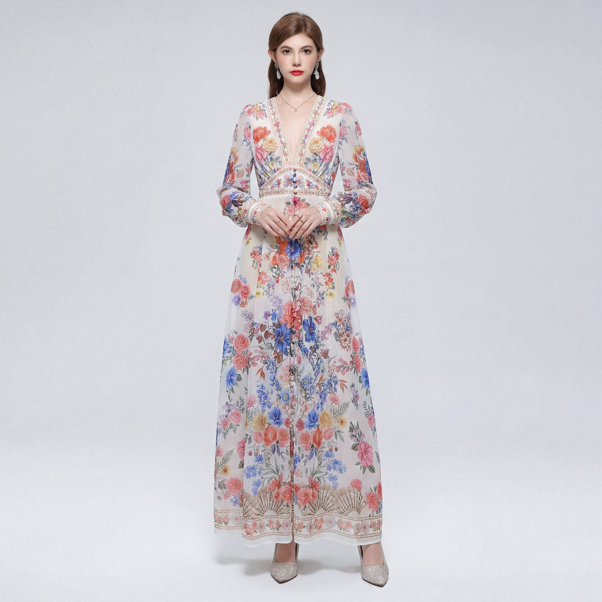 Botanical Border Print Maxi Dress with Deep V-Neck