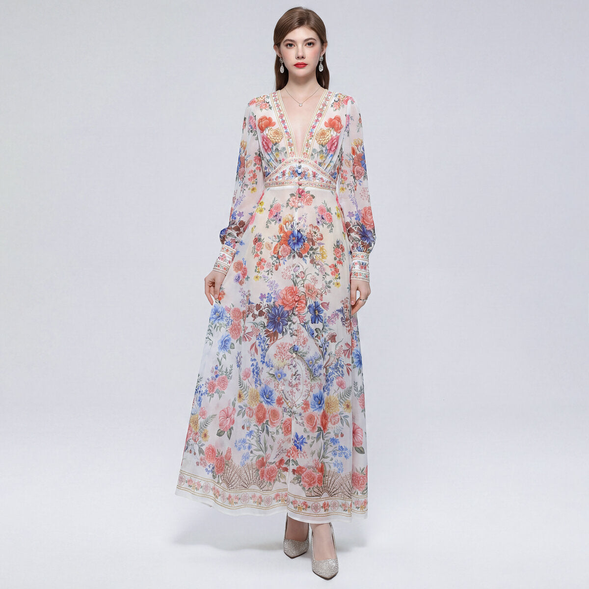 Botanical Border Print Maxi Dress with Deep V-Neck