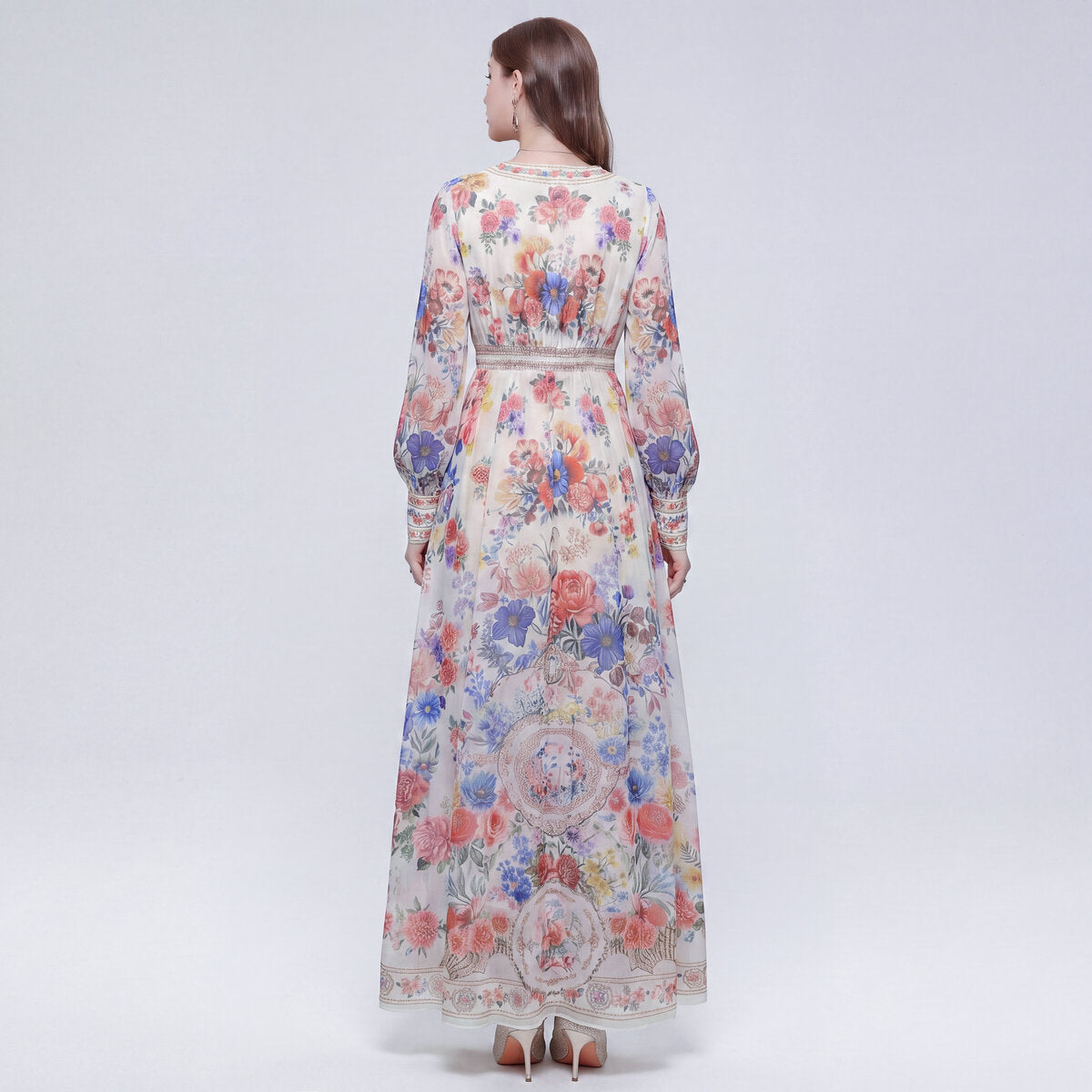 Botanical Border Print Maxi Dress with Deep V-Neck