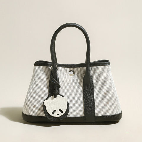 Botanical Canvas & Leather Garden Tote Bag – Structured Top Handle Tote with Removable Pouch & Panda Charm