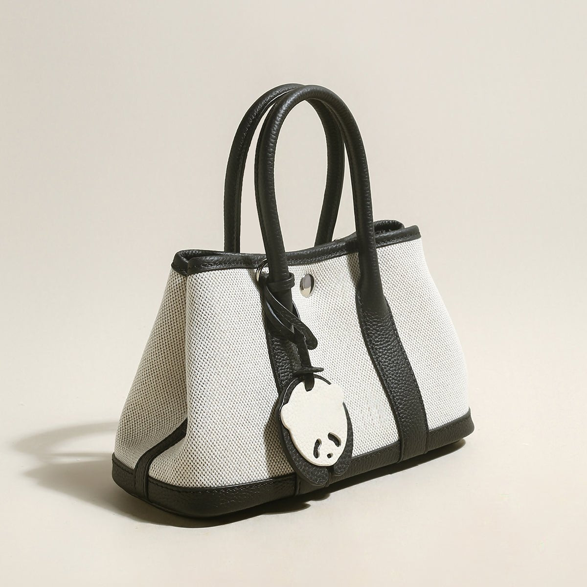Botanical Canvas & Leather Garden Tote Bag – Structured Top Handle Tote with Removable Pouch & Panda Charm
