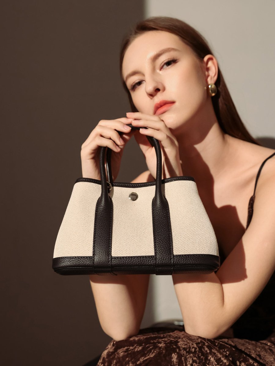 Botanical Canvas & Leather Garden Tote Bag – Structured Top Handle Tote with Removable Pouch & Panda Charm