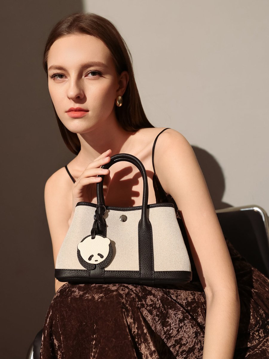 Botanical Canvas & Leather Garden Tote Bag – Structured Top Handle Tote with Removable Pouch & Panda Charm