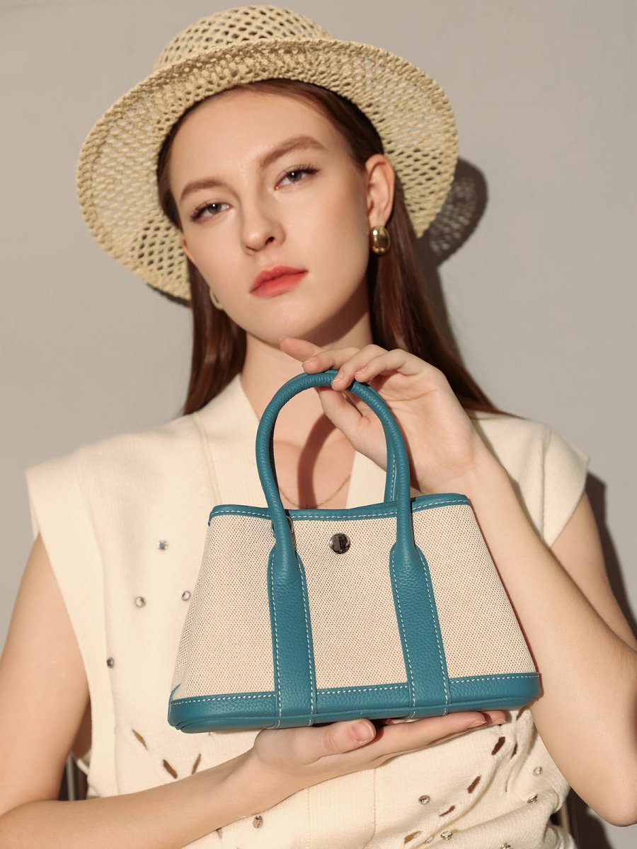 Botanical Canvas & Leather Garden Tote Bag – Structured Top Handle Tote with Removable Pouch & Panda Charm