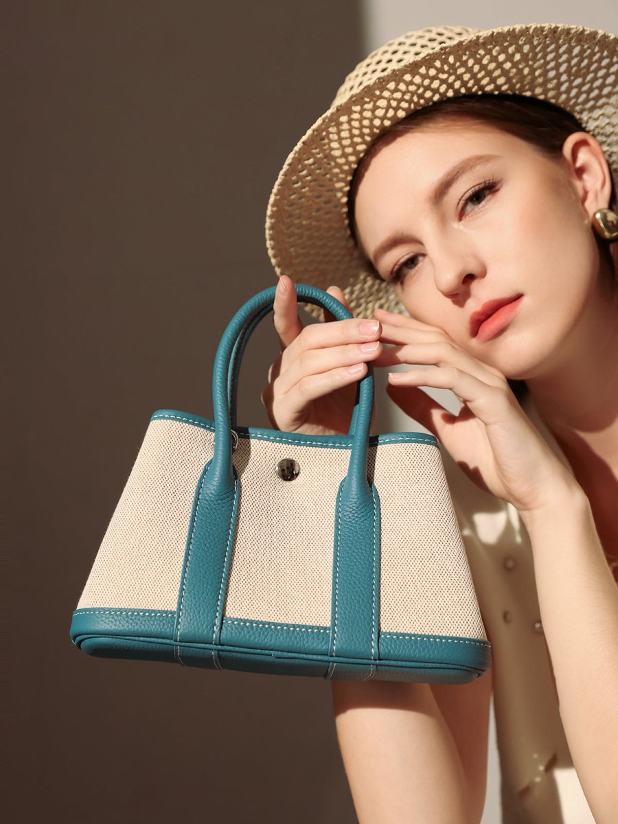 Botanical Canvas & Leather Garden Tote Bag – Structured Top Handle Tote with Removable Pouch & Panda Charm