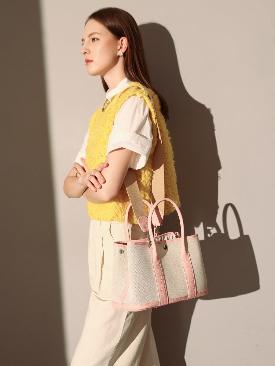 Botanical Canvas & Leather Garden Tote Bag – Structured Top Handle Tote with Removable Pouch & Panda Charm