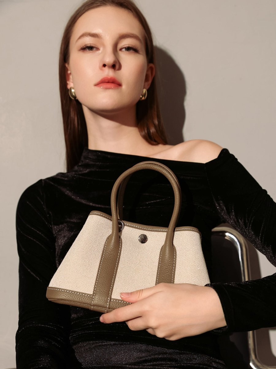 Botanical Canvas & Leather Garden Tote Bag – Structured Top Handle Tote with Removable Pouch & Panda Charm