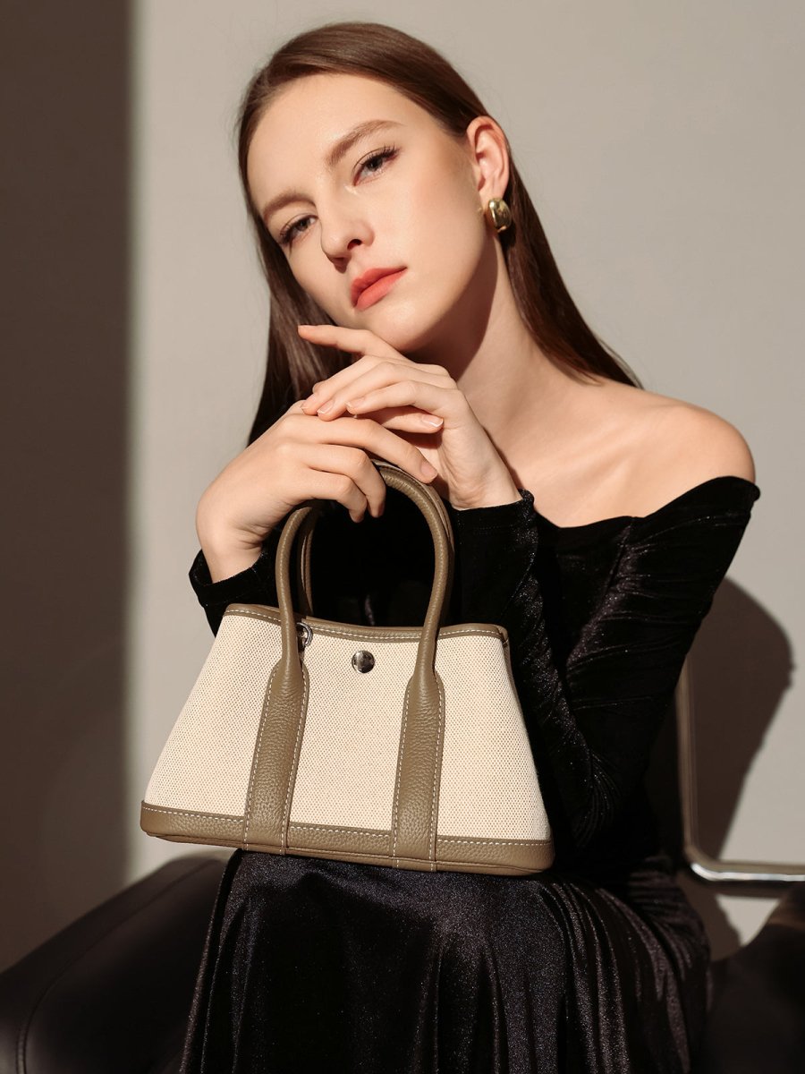 Botanical Canvas & Leather Garden Tote Bag – Structured Top Handle Tote with Removable Pouch & Panda Charm
