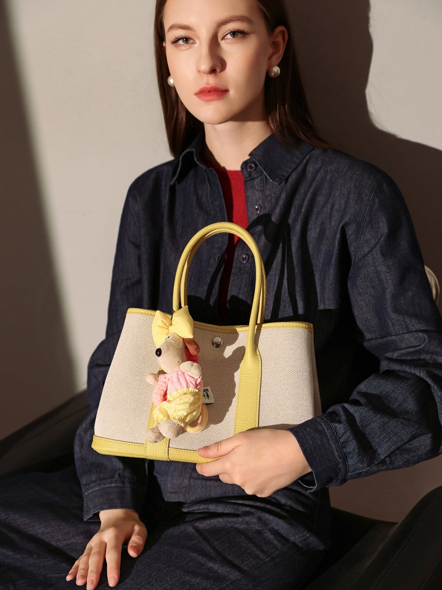 Botanical Canvas & Leather Garden Tote Bag – Structured Top Handle Tote with Removable Pouch & Panda Charm