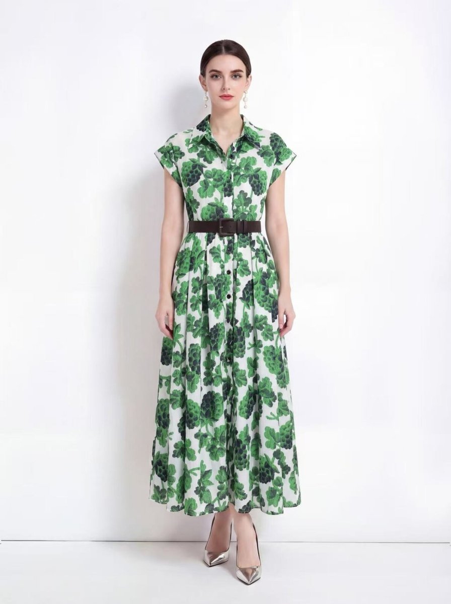 Botanical Print Belted Maxi Dress