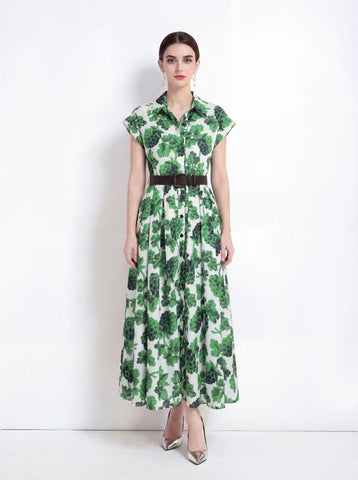Botanical Print Belted Maxi Dress
