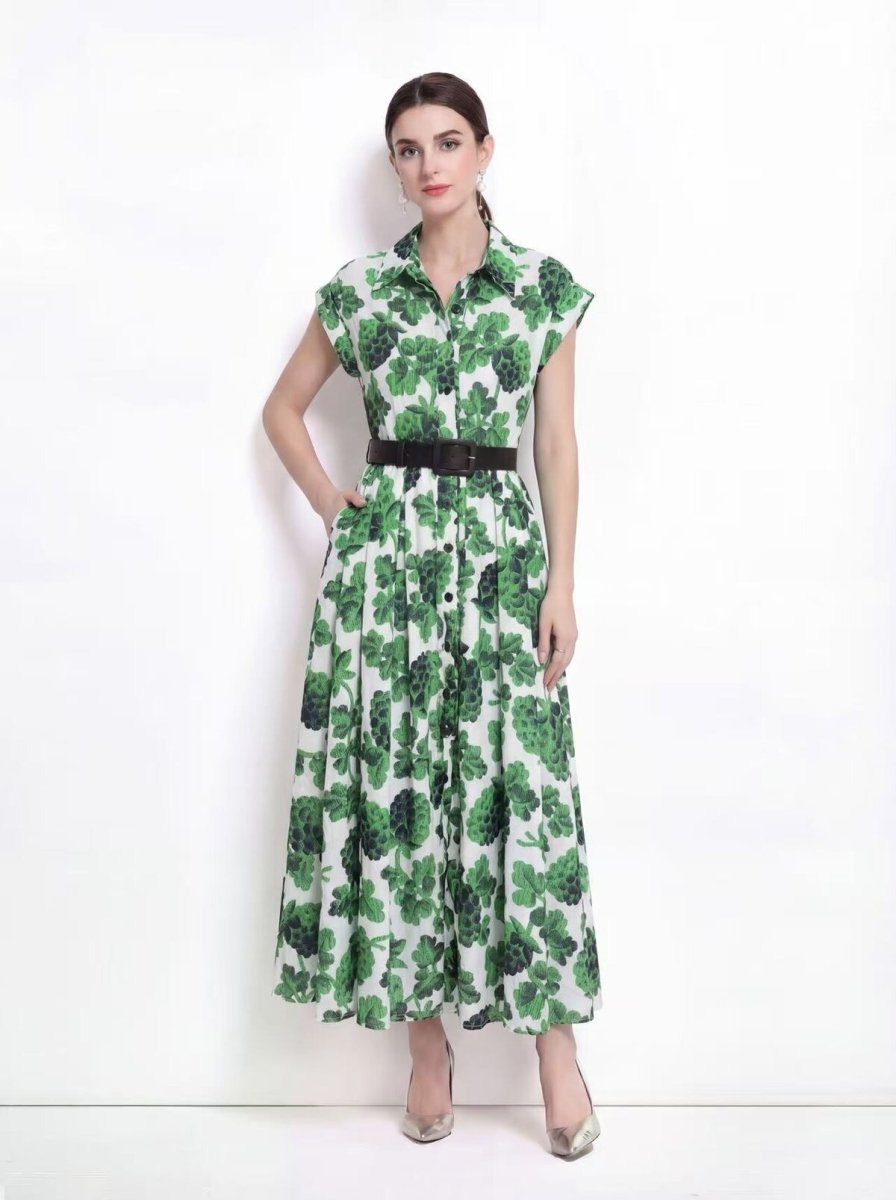 Botanical Print Belted Maxi Dress