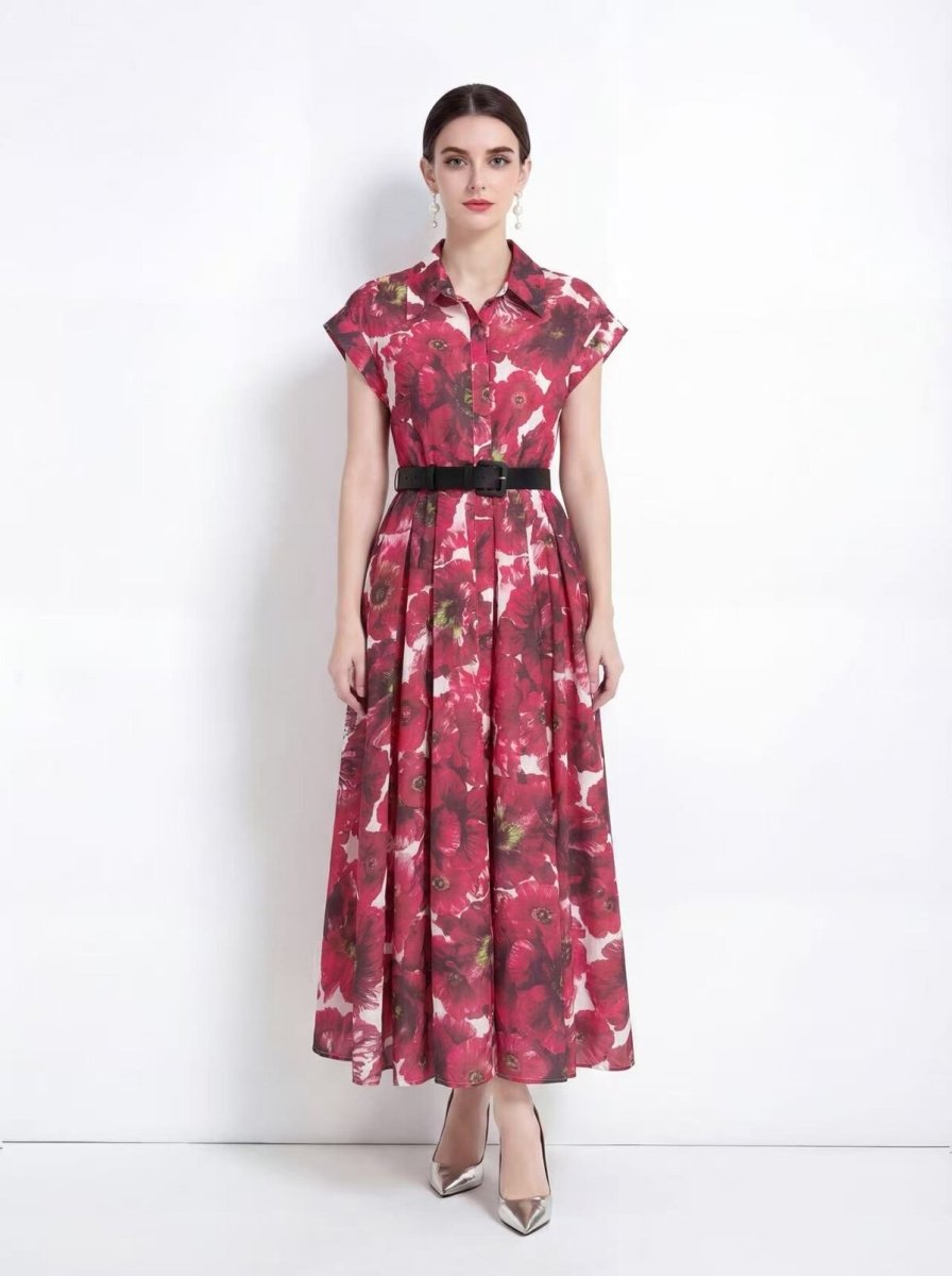 Botanical Print Belted Maxi Dress