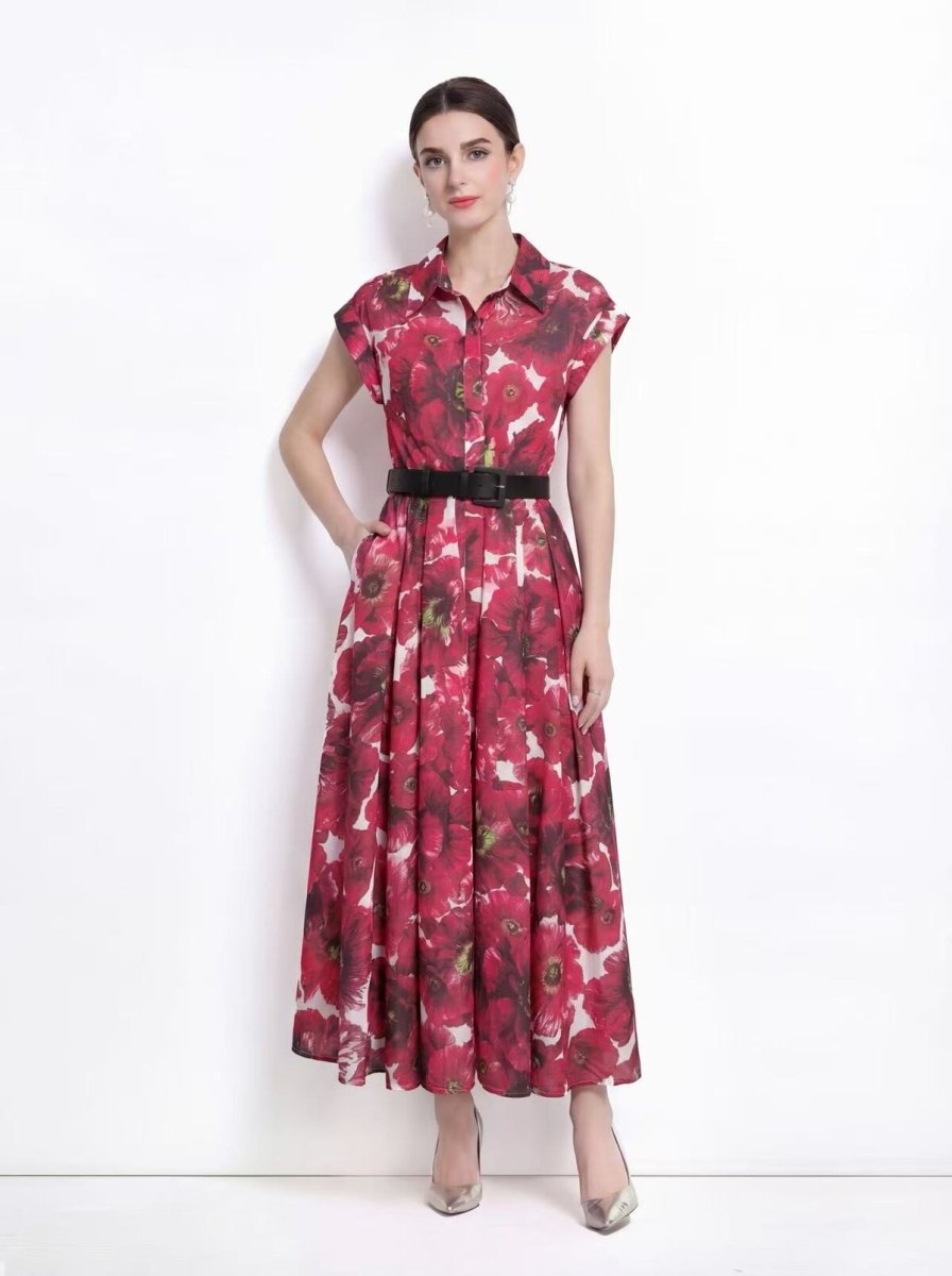 Botanical Print Belted Maxi Dress