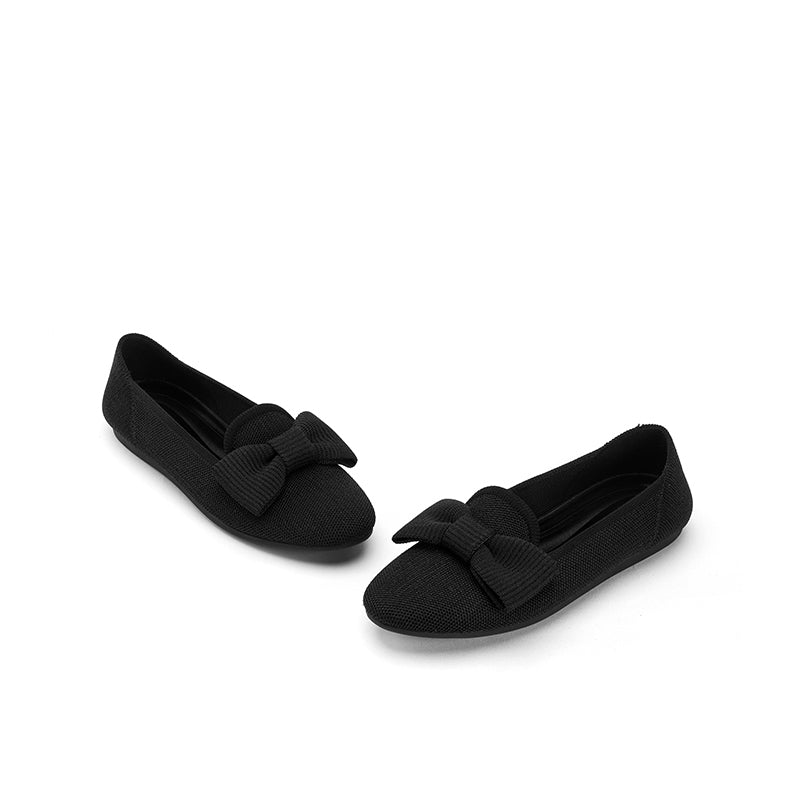 Bow Detail Round Toe Knit Flat Loafers – Elegant Slip-On Flats