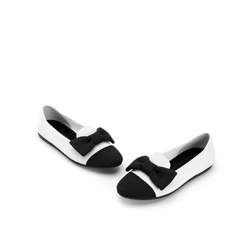 Bow Detail Round Toe Knit Flat Loafers – Elegant Slip-On Flats
