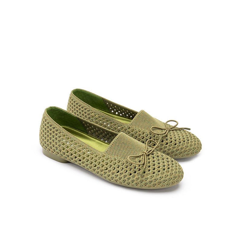 Bow Hollow Mesh Knit Round Toe Low Heel Flats – Breathable Summer Work Shoes