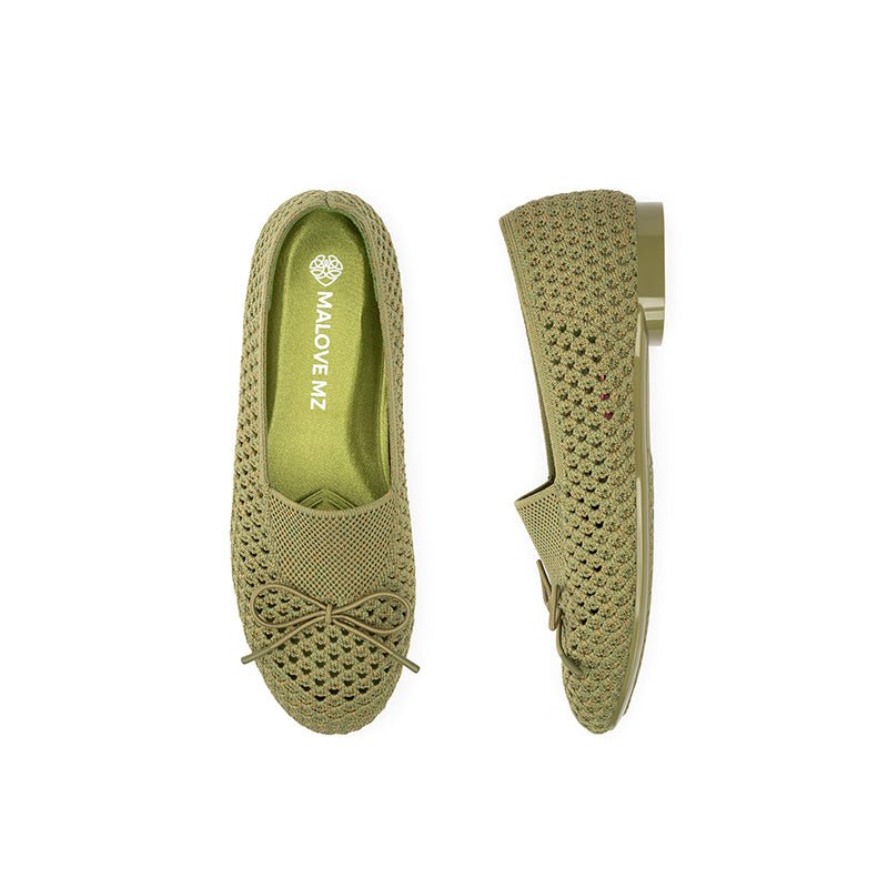 Bow Hollow Mesh Knit Round Toe Low Heel Flats – Breathable Summer Work Shoes