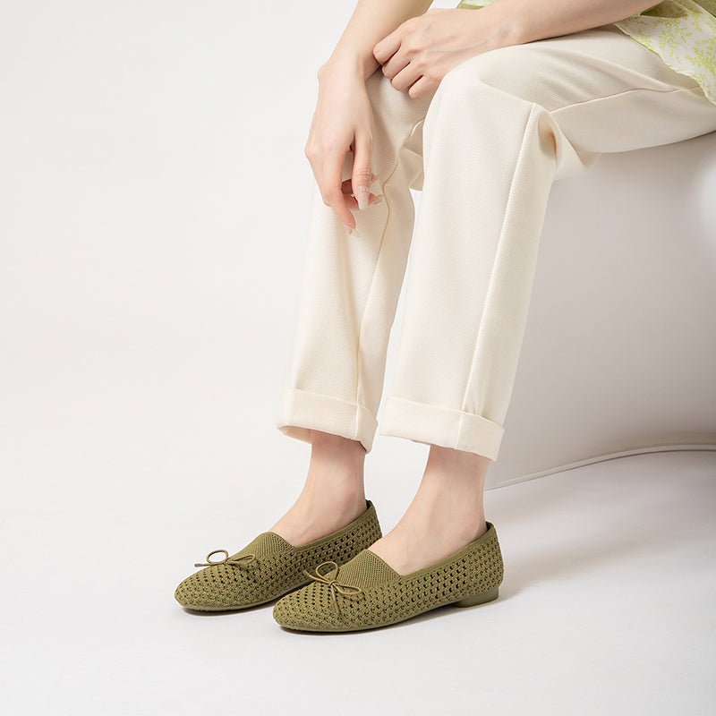 Bow Hollow Mesh Knit Round Toe Low Heel Flats – Breathable Summer Work Shoes