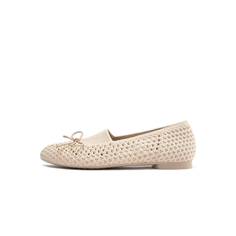 Bow Hollow Mesh Knit Round Toe Low Heel Flats – Breathable Summer Work Shoes