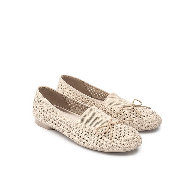 Bow Hollow Mesh Knit Round Toe Low Heel Flats – Breathable Summer Work Shoes