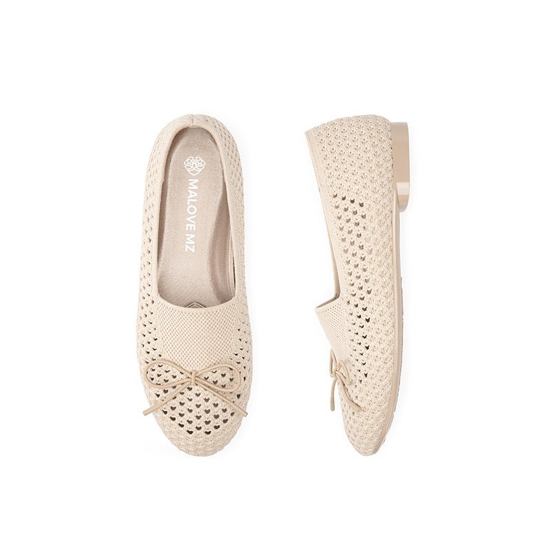 Bow Hollow Mesh Knit Round Toe Low Heel Flats – Breathable Summer Work Shoes