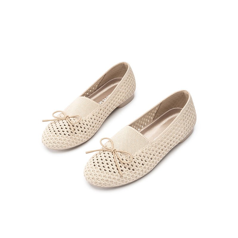 Bow Hollow Mesh Knit Round Toe Low Heel Flats – Breathable Summer Work Shoes