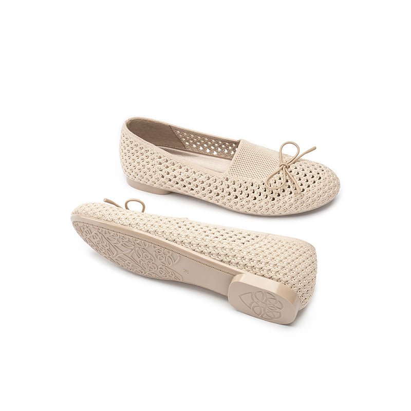 Bow Hollow Mesh Knit Round Toe Low Heel Flats – Breathable Summer Work Shoes