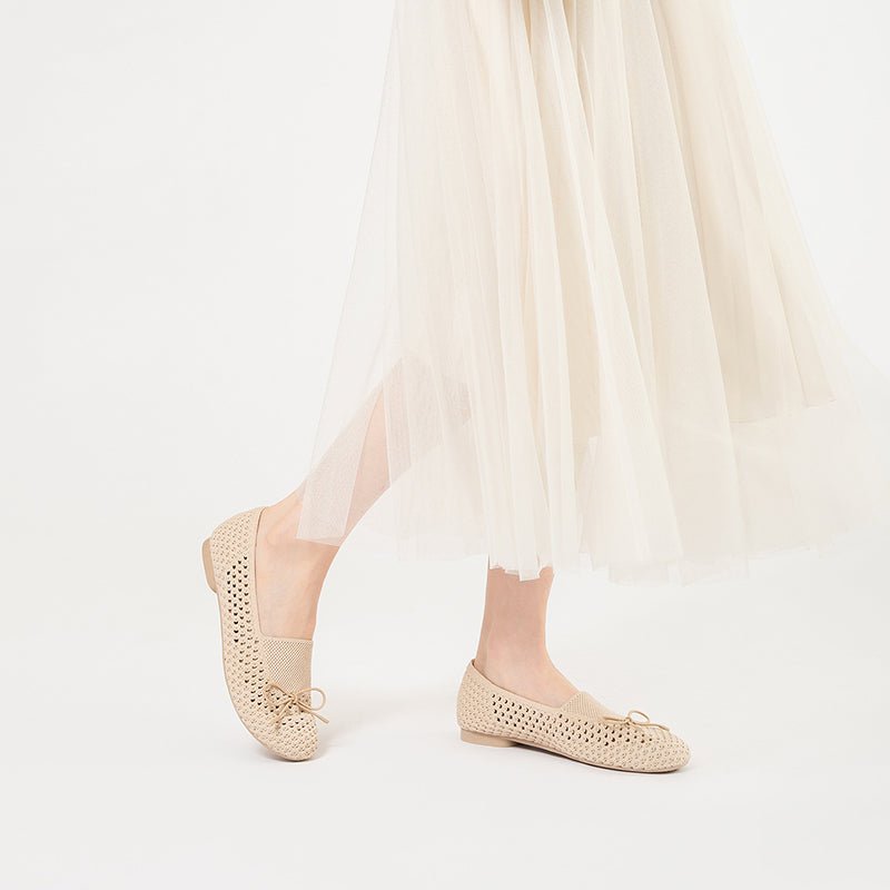 Bow Hollow Mesh Knit Round Toe Low Heel Flats – Breathable Summer Work Shoes
