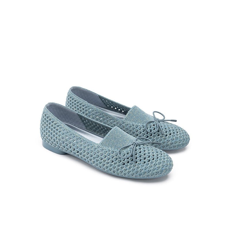 Bow Hollow Mesh Knit Round Toe Low Heel Flats – Breathable Summer Work Shoes