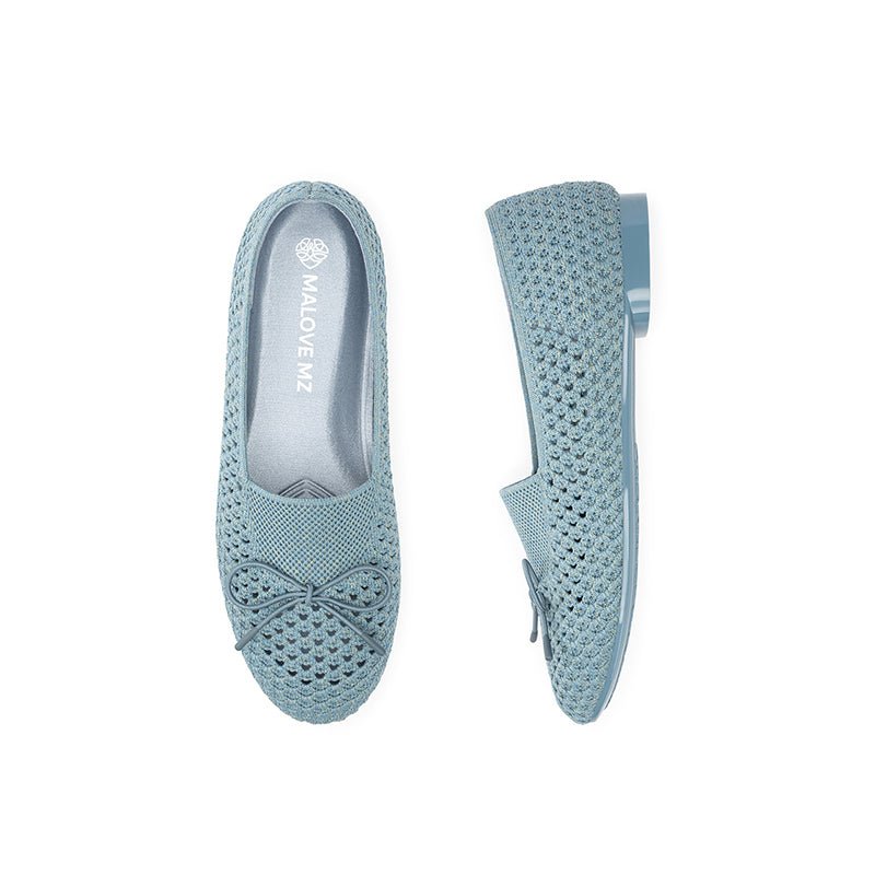 Bow Hollow Mesh Knit Round Toe Low Heel Flats – Breathable Summer Work Shoes