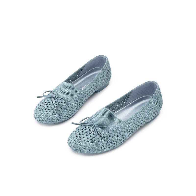 Bow Hollow Mesh Knit Round Toe Low Heel Flats – Breathable Summer Work Shoes