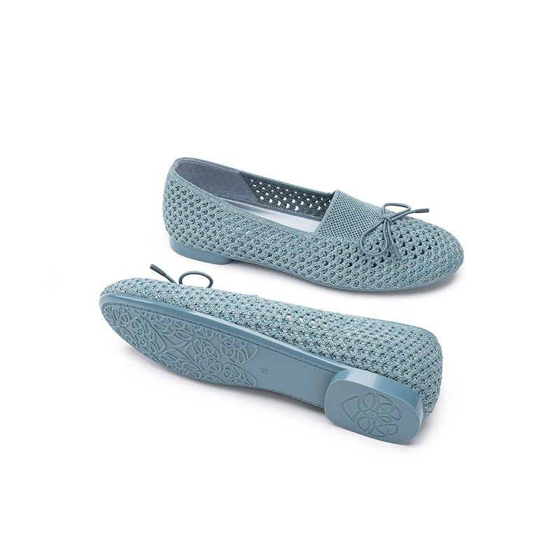 Bow Hollow Mesh Knit Round Toe Low Heel Flats – Breathable Summer Work Shoes