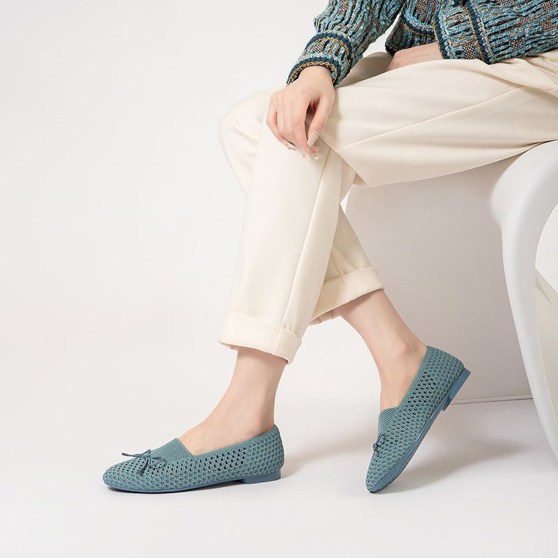 Bow Hollow Mesh Knit Round Toe Low Heel Flats – Breathable Summer Work Shoes