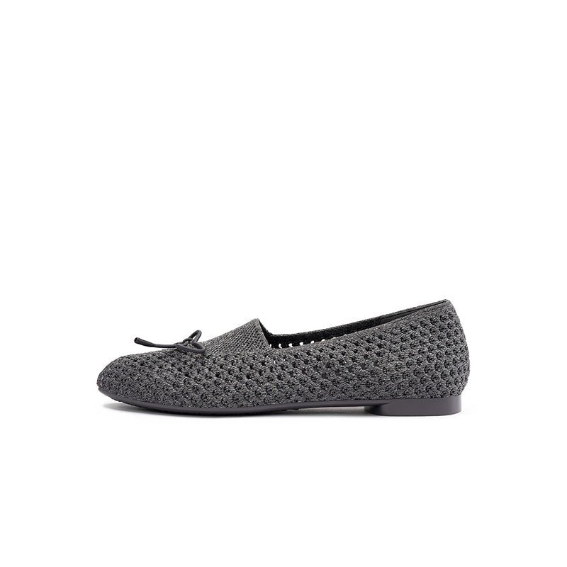 Bow Hollow Mesh Knit Round Toe Low Heel Flats – Breathable Summer Work Shoes