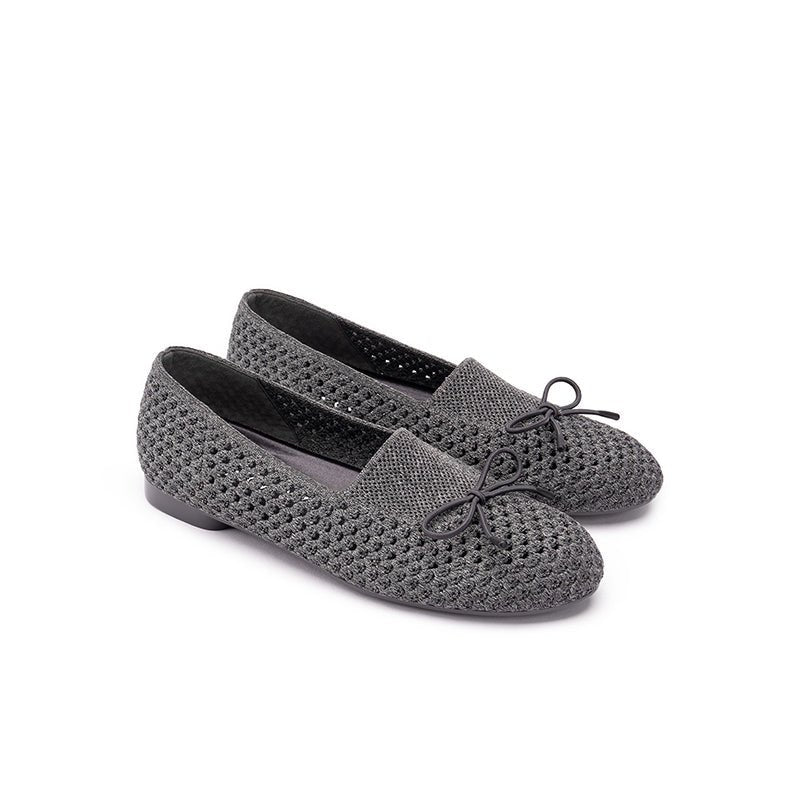 Bow Hollow Mesh Knit Round Toe Low Heel Flats – Breathable Summer Work Shoes