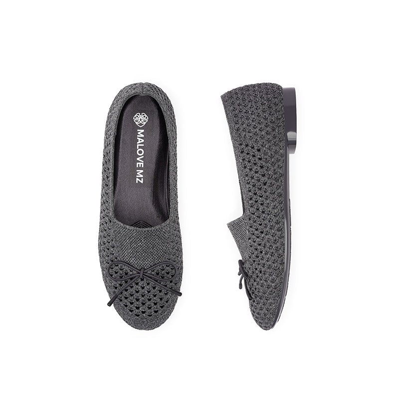 Bow Hollow Mesh Knit Round Toe Low Heel Flats – Breathable Summer Work Shoes