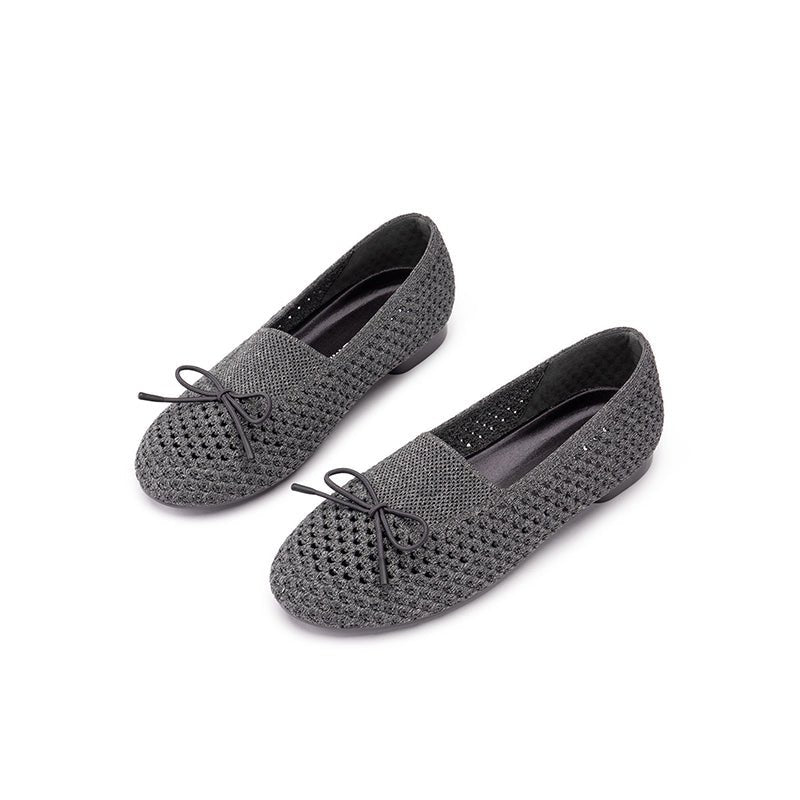 Bow Hollow Mesh Knit Round Toe Low Heel Flats – Breathable Summer Work Shoes