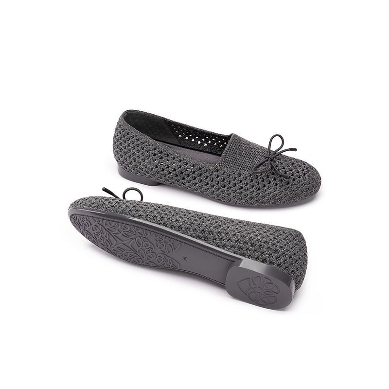 Bow Hollow Mesh Knit Round Toe Low Heel Flats – Breathable Summer Work Shoes
