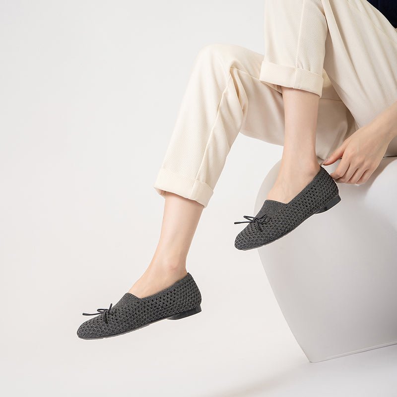 Bow Hollow Mesh Knit Round Toe Low Heel Flats – Breathable Summer Work Shoes