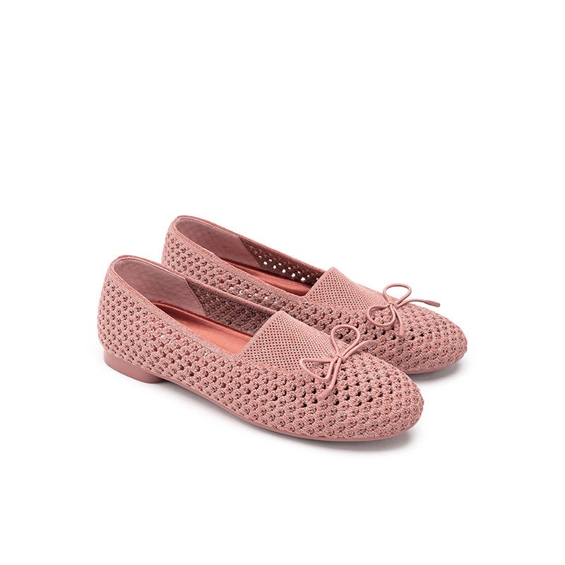 Bow Hollow Mesh Knit Round Toe Low Heel Flats – Breathable Summer Work Shoes