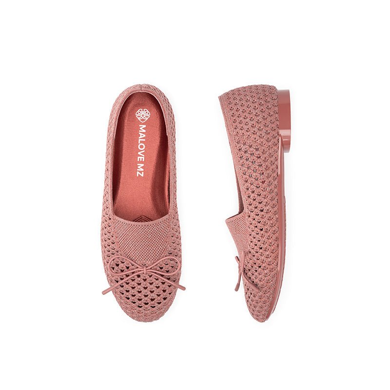 Bow Hollow Mesh Knit Round Toe Low Heel Flats – Breathable Summer Work Shoes