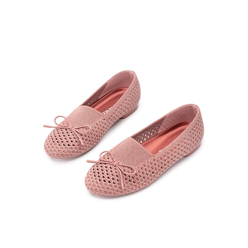 Bow Hollow Mesh Knit Round Toe Low Heel Flats – Breathable Summer Work Shoes