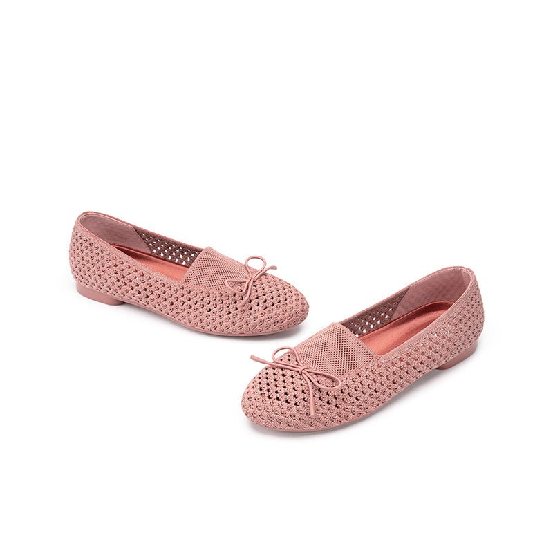 Bow Hollow Mesh Knit Round Toe Low Heel Flats – Breathable Summer Work Shoes
