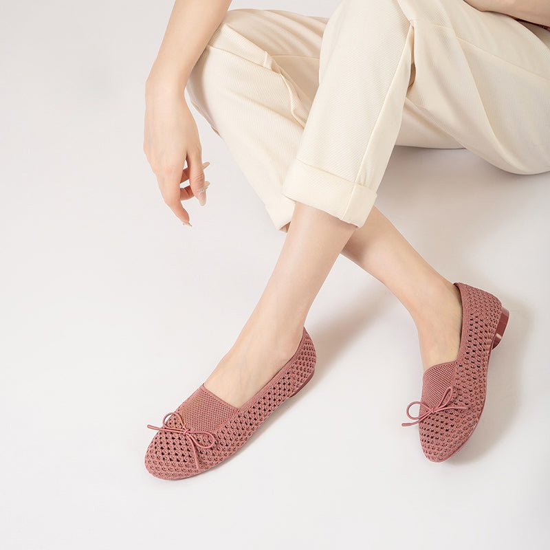 Bow Hollow Mesh Knit Round Toe Low Heel Flats – Breathable Summer Work Shoes