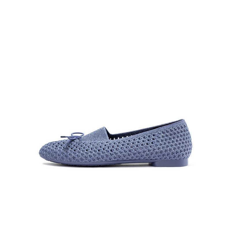 Bow Hollow Mesh Knit Round Toe Low Heel Flats – Breathable Summer Work Shoes