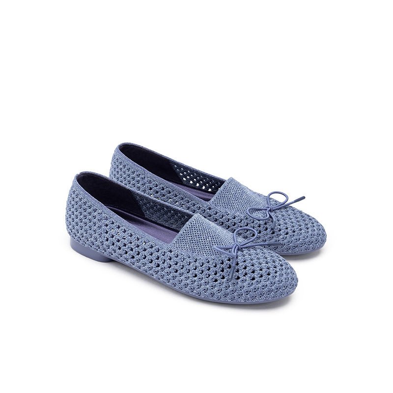 Bow Hollow Mesh Knit Round Toe Low Heel Flats – Breathable Summer Work Shoes