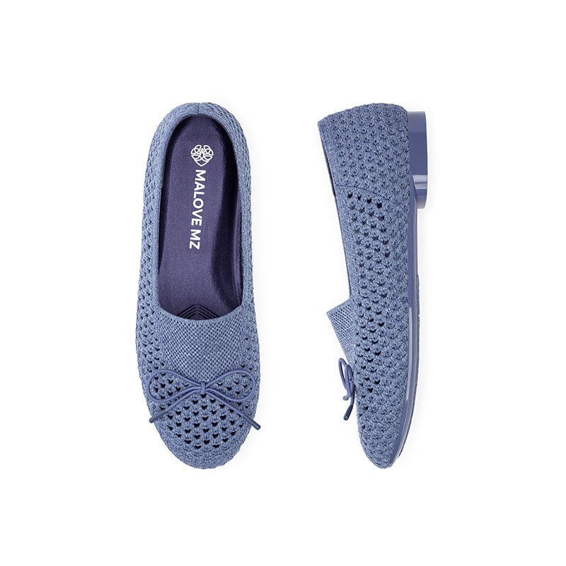 Bow Hollow Mesh Knit Round Toe Low Heel Flats – Breathable Summer Work Shoes